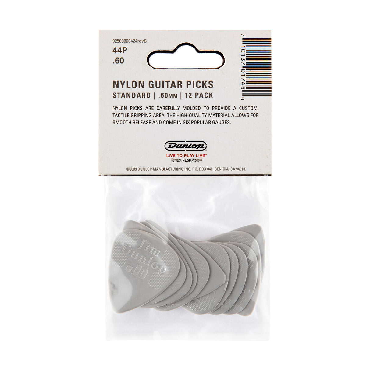 Pack of Dunlop nylon guitar picks with packaging on a white background