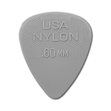 Gray guitar pick with 'USA NYLON .60 MM' text on a white background