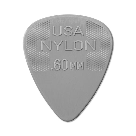 Gray guitar pick with 'USA NYLON .60 MM' text on a white background