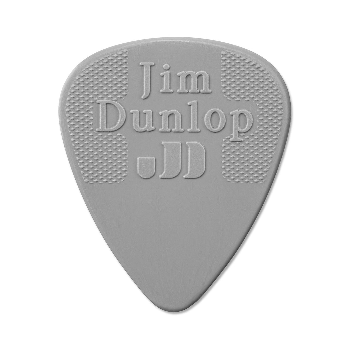 Gray guitar pick with 'Jim Dunlop' branding on a white background