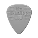 Gray guitar pick with 'Jim Dunlop' branding on a white background