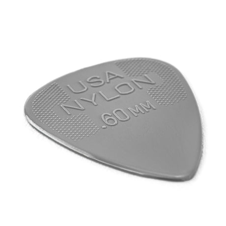 Gray guitar pick with 'USA Nylon .60 mm' text on a white background