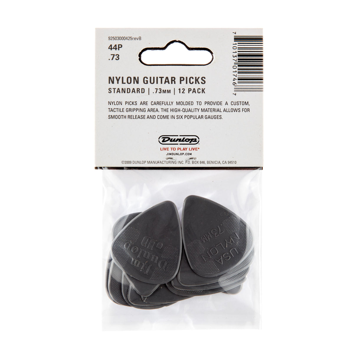 Pack of Dunlop nylon guitar picks with packaging on a white background