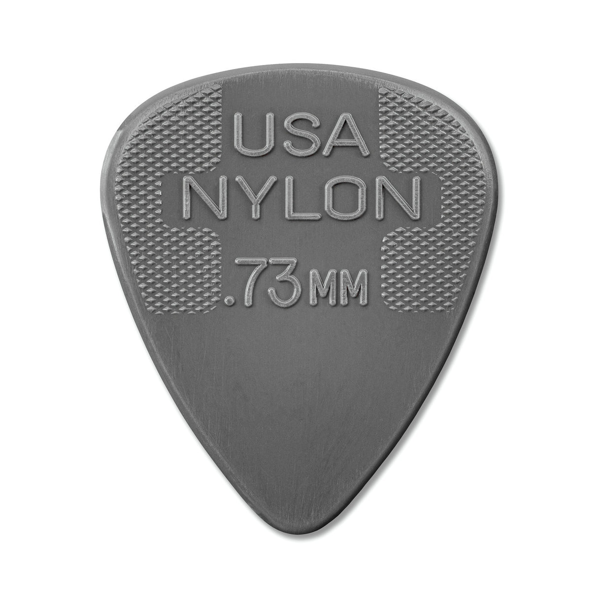 Gray guitar pick with 'USA NYLON .73 MM' text on a white background