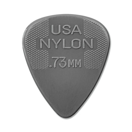 Gray guitar pick with 'USA NYLON .73 MM' text on a white background