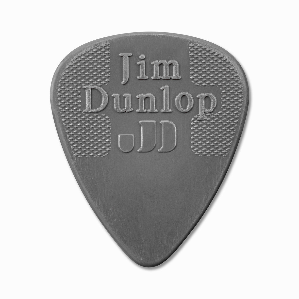 Gray guitar pick with 'Jim Dunlop' branding on a white background