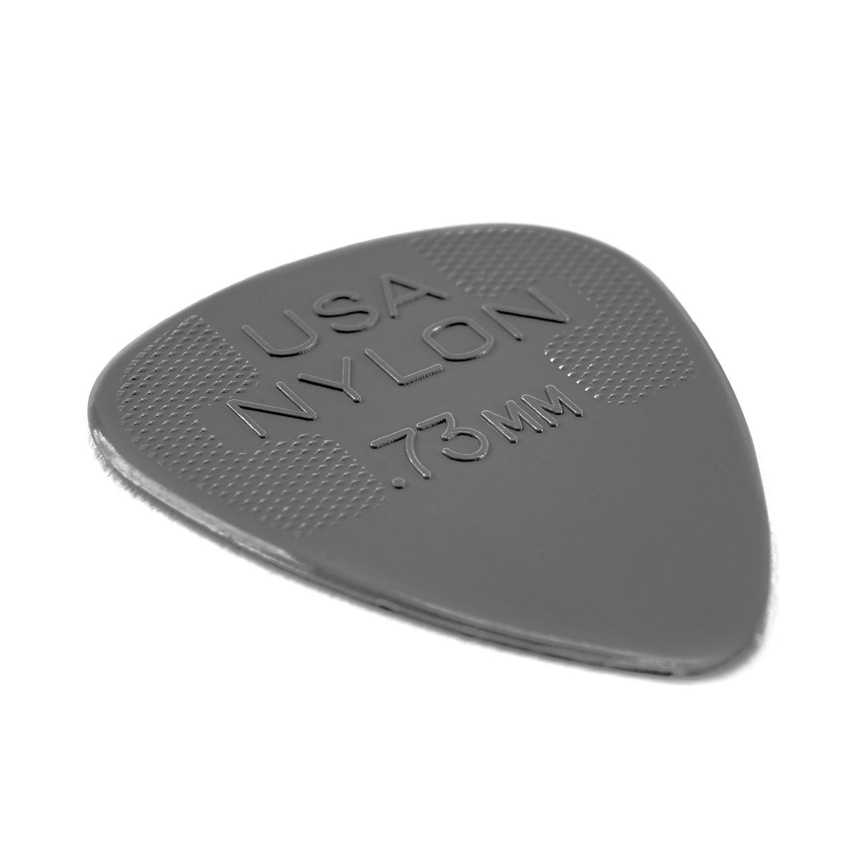Gray guitar pick with 'USA NYLON .73 MM' text on a white background
