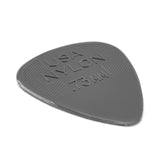 Gray guitar pick with 'USA NYLON .73 MM' text on a white background