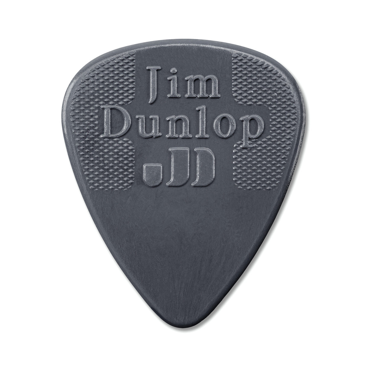 Gray guitar pick with 'Jim Dunlop' branding on a white background