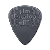 Gray guitar pick with 'Jim Dunlop' branding on a white background