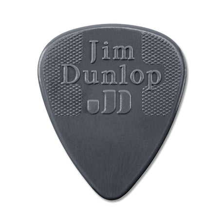 Gray guitar pick with 'Jim Dunlop' branding on a white background