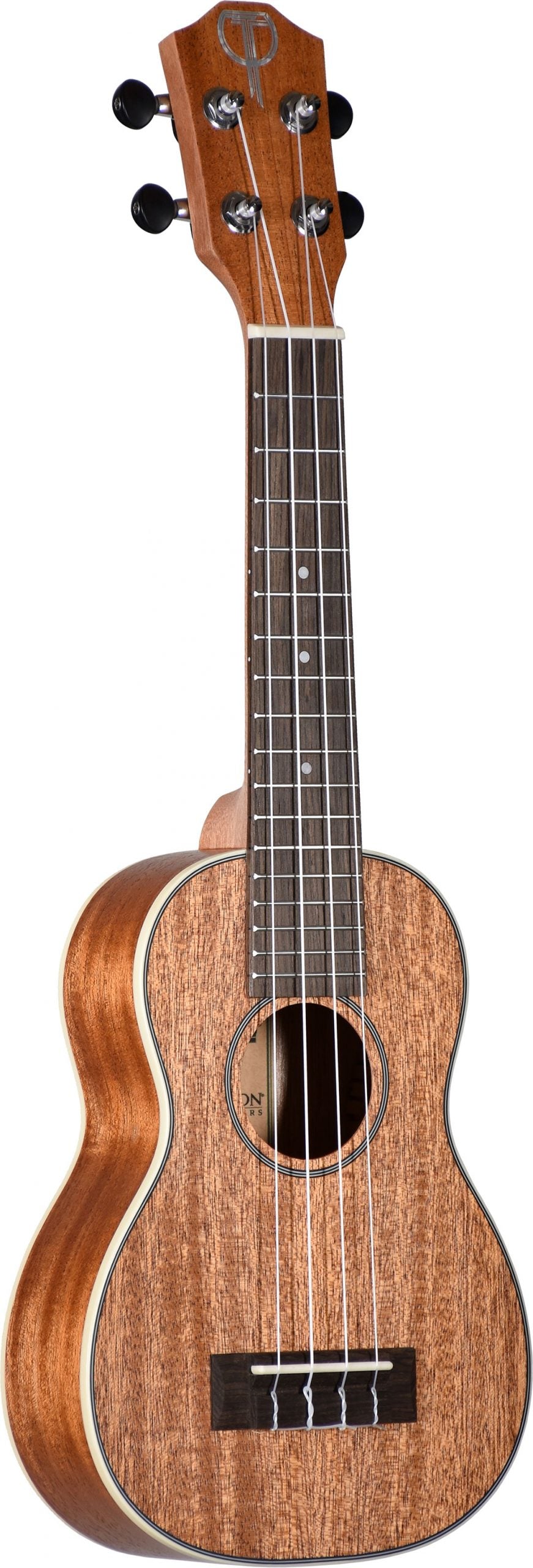 The image shows a soprano or concert ukulele with a mahogany-like body featuring a decorative rosette around the round soundhole. It has a darker wood fretboard with metal frets, four black tuning pegs, and a dark wood bridge with a bone or plastic saddle. The instrument includes light-colored binding, visible fretboard position markers, and a polished finish, indicating a well-crafted, intermediate to advanced quality ukulele.
