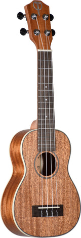 The image shows a soprano or concert ukulele with a mahogany-like body featuring a decorative rosette around the round soundhole. It has a darker wood fretboard with metal frets, four black tuning pegs, and a dark wood bridge with a bone or plastic saddle. The instrument includes light-colored binding, visible fretboard position markers, and a polished finish, indicating a well-crafted, intermediate to advanced quality ukulele.