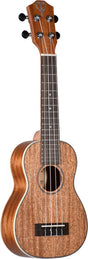 The image shows a soprano or concert ukulele with a mahogany-like body featuring a decorative rosette around the round soundhole. It has a darker wood fretboard with metal frets, four black tuning pegs, and a dark wood bridge with a bone or plastic saddle. The instrument includes light-colored binding, visible fretboard position markers, and a polished finish, indicating a well-crafted, intermediate to advanced quality ukulele.