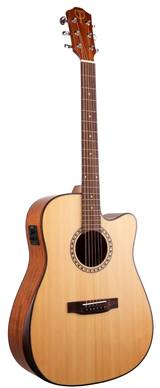 The image shows an acoustic-electric cutaway guitar with a light-colored spruce top, darker mahogany back and sides, and a dark rosewood fretboard. It features chrome tuning pegs, a traditional bridge, and a decorative rosette around the soundhole. A pickup/preamp system is visible on the side for amplification. The headstock has a logo, and dark binding accents the body edges, making it suitable for both acoustic and amplified performances.