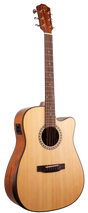 The image shows an acoustic-electric cutaway guitar with a light-colored spruce top, darker mahogany back and sides, and a dark rosewood fretboard. It features chrome tuning pegs, a traditional bridge, and a decorative rosette around the soundhole. A pickup/preamp system is visible on the side for amplification. The headstock has a logo, and dark binding accents the body edges, making it suitable for both acoustic and amplified performances.