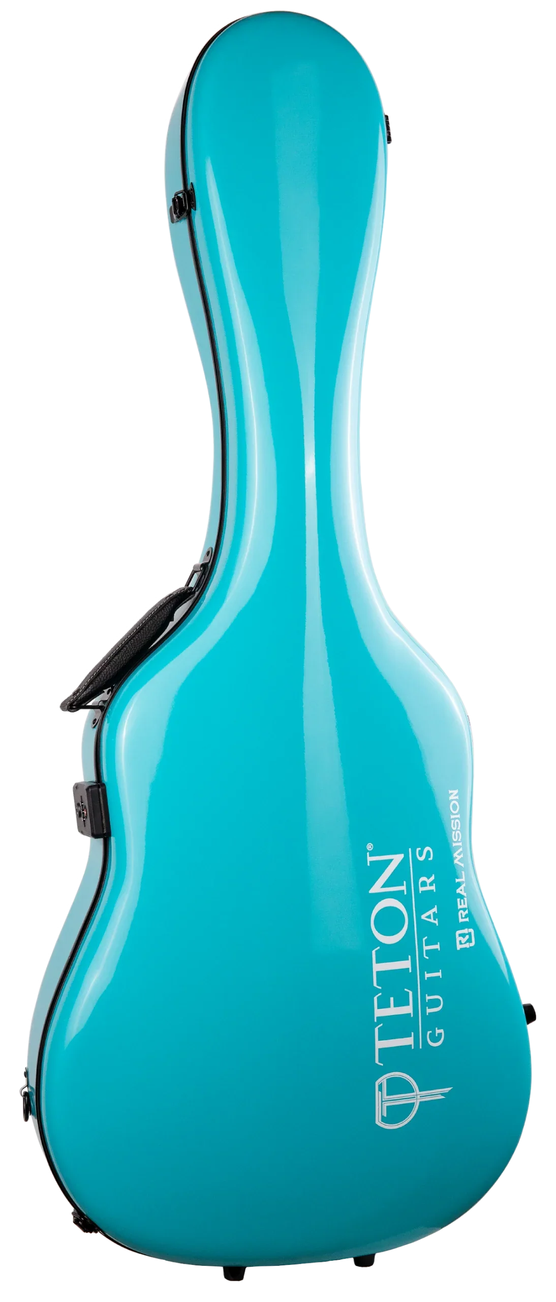The image shows a turquoise hard shell guitar case with a sleek, glossy finish and ergonomic curved design. It features black latches, a comfortable handle, and the brand name "TETON GUITARS" in white along with a logo and "REAL MUSIC" text. This modern, lightweight case offers high-quality protection for acoustic guitars with a vibrant, eye-catching color.