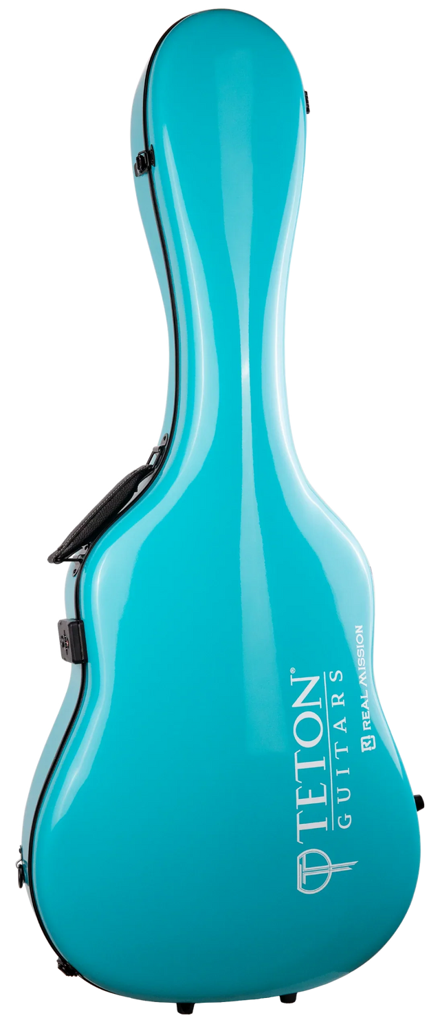 The image shows a turquoise hard shell guitar case with a sleek, glossy finish and ergonomic curved design. It features black latches, a comfortable handle, and the brand name "TETON GUITARS" in white along with a logo and "REAL MUSIC" text. This modern, lightweight case offers high-quality protection for acoustic guitars with a vibrant, eye-catching color.
