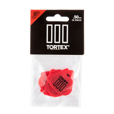 Pack of red guitar picks with Tortex branding on a clear background