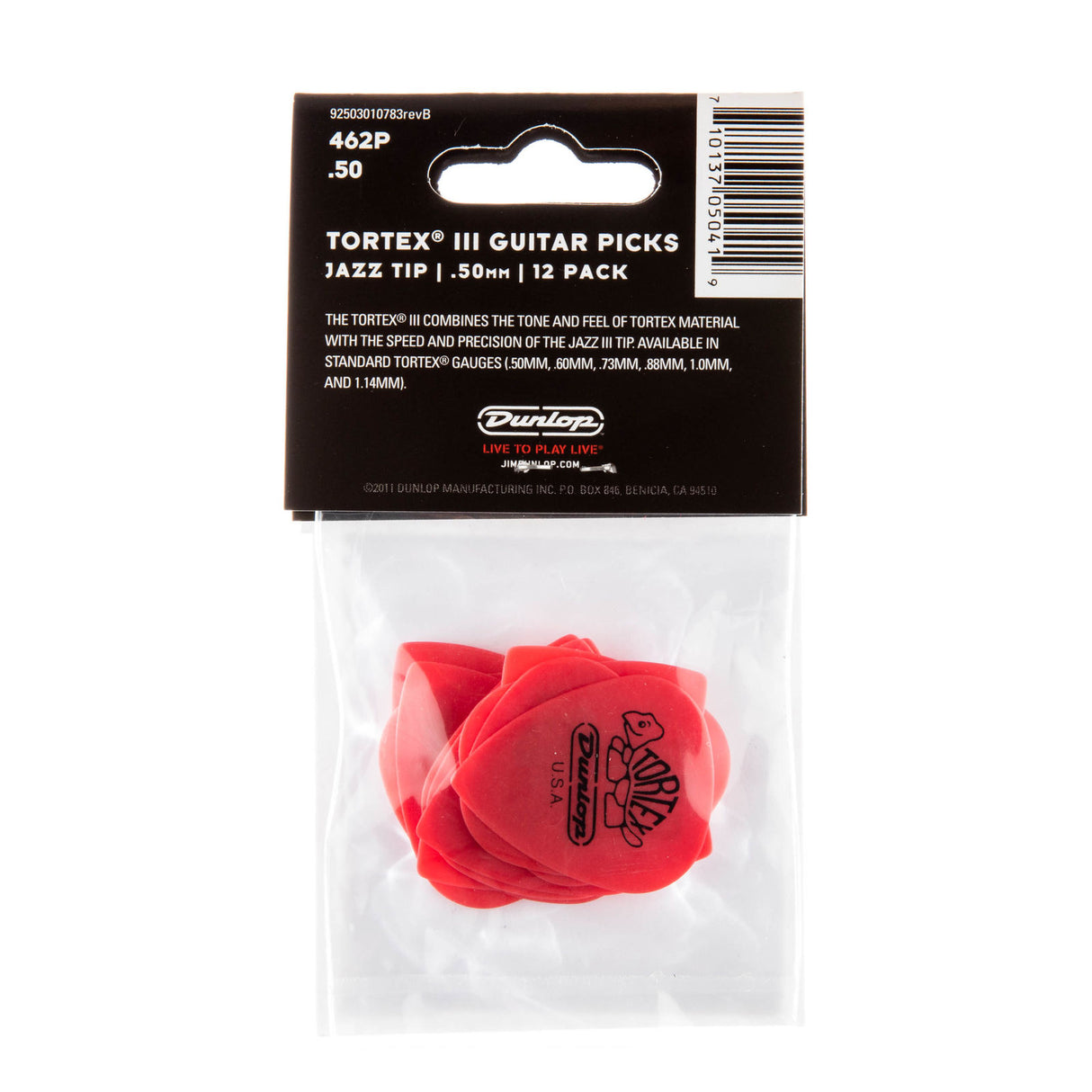 Pack of red guitar picks with Dunlop branding on a white background