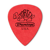 Red guitar pick with Dunlop Tortex logo on a white background