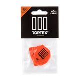 Pack of Orange Tortex guitar picks with a clear window on a white background