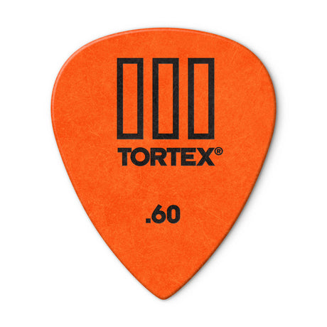 Orange guitar pick with Tortex branding on a white background