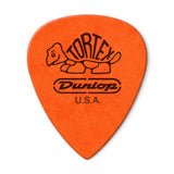 Orange guitar pick with Dunlop branding on a white background