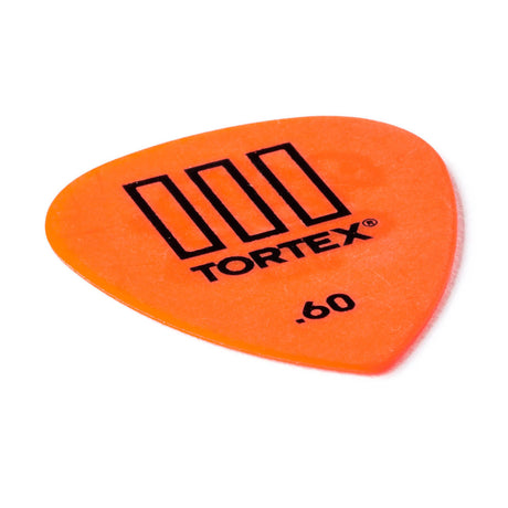 Orange guitar pick with 'Tortex' branding on a white background