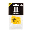 Pack of yellow Tortex guitar picks with clear plastic packaging on a white background