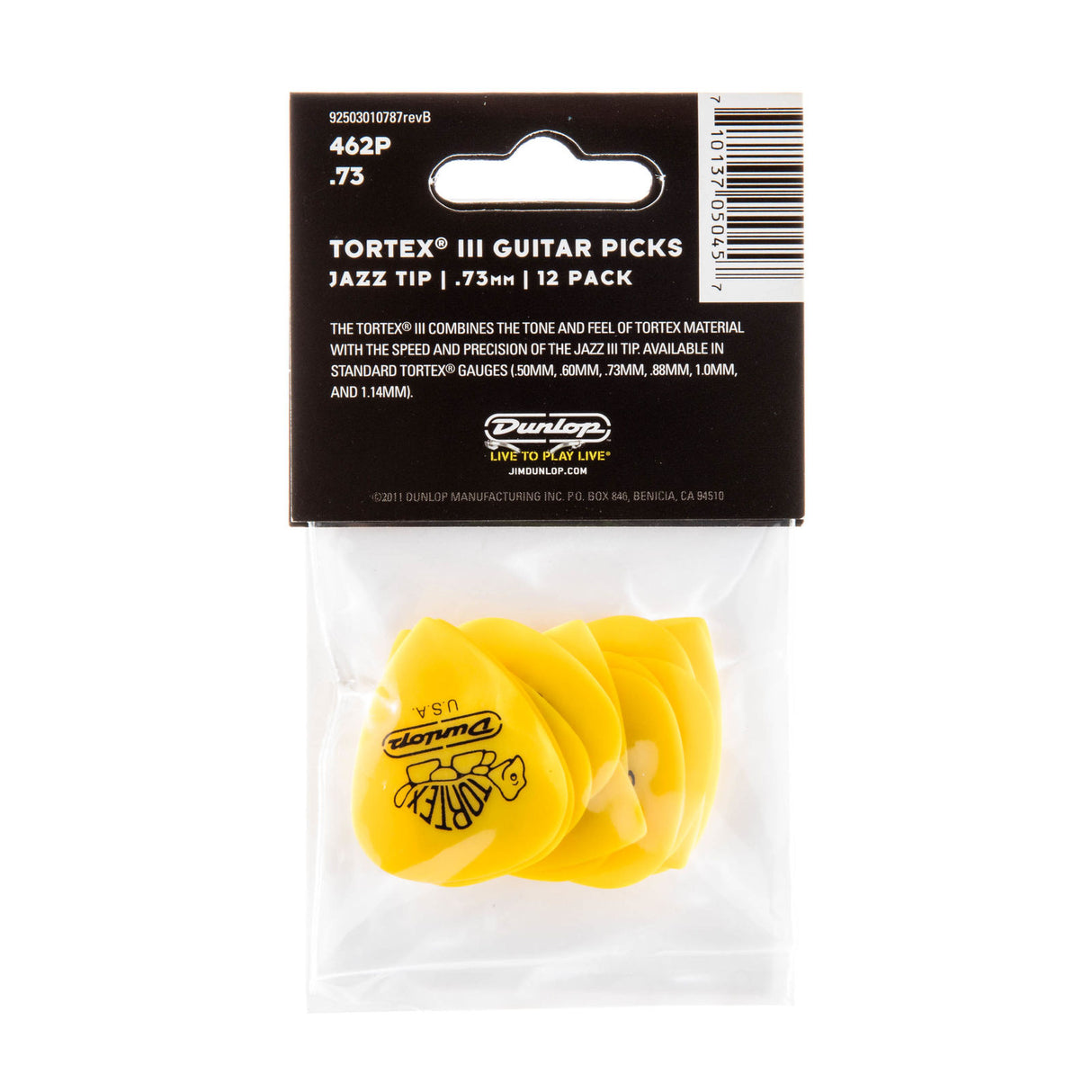 Pack of Dunlop Tortex III guitar picks with packaging on a white background