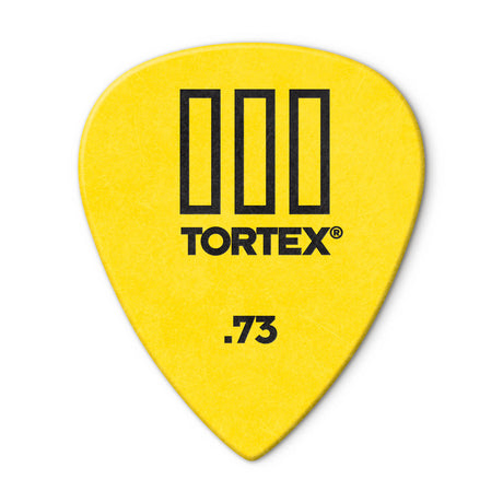 Yellow guitar pick with Tortex branding on a white background