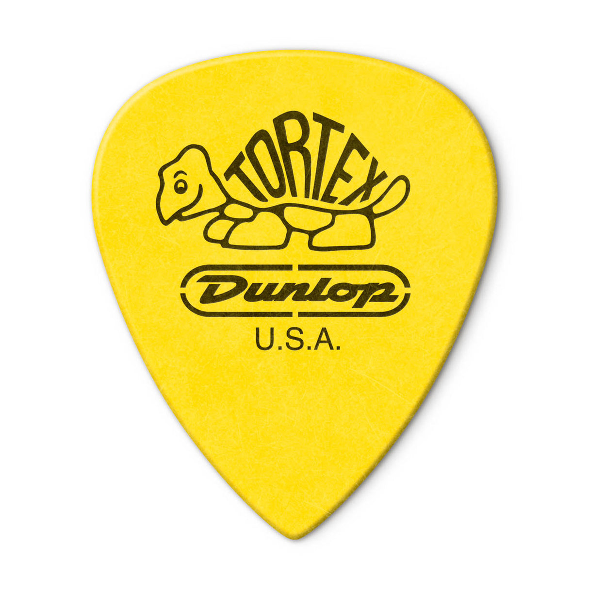Yellow guitar pick with Dunlop Tortex logo on a white background