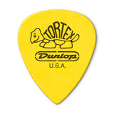 Yellow guitar pick with Dunlop Tortex logo on a white background