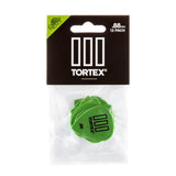 Pack of green guitar picks with Tortex branding on a white background