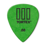 Green guitar pick with Tortex branding and size .88 on a white background