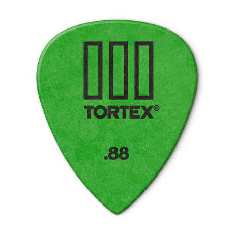 Green guitar pick with Tortex branding and size .88 on a white background