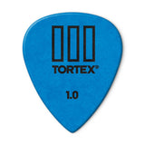 Blue guitar pick with Tortex branding on a white background