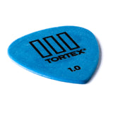 Blue guitar pick with Tortex branding on a white background