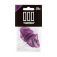 Pack of purple guitar picks with Tortex branding on a white background