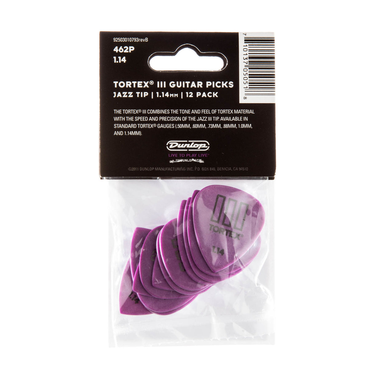 Pack of Dunlop Tortex III guitar picks with packaging on a white background