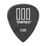 Black guitar pick with Tortex branding and size 1.35 on a white background