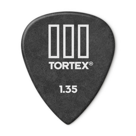 Black guitar pick with Tortex branding and size 1.35 on a white background