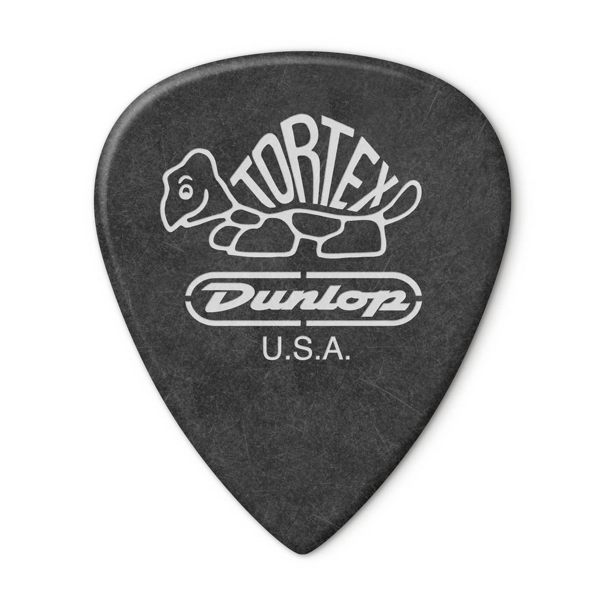 Black guitar pick with Tortex and Dunlop USA branding on a white background
