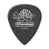 Black guitar pick with Tortex and Dunlop USA branding on a white background