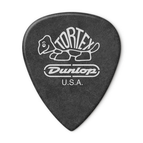 Black guitar pick with Tortex and Dunlop USA branding on a white background