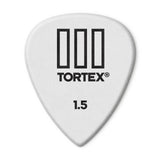 White guitar pick with Tortex branding and size 1.5 on a white background