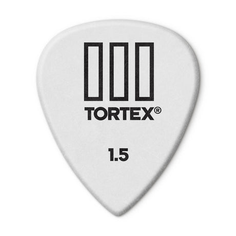 White guitar pick with Tortex branding and size 1.5 on a white background