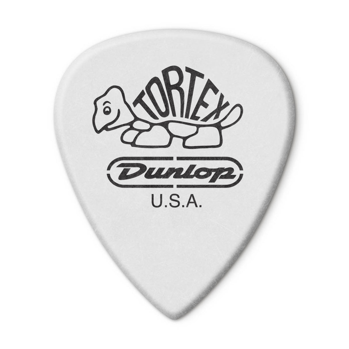 White guitar pick with Dunlop Tortex logo on a white background