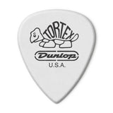 White guitar pick with Dunlop Tortex logo on a white background